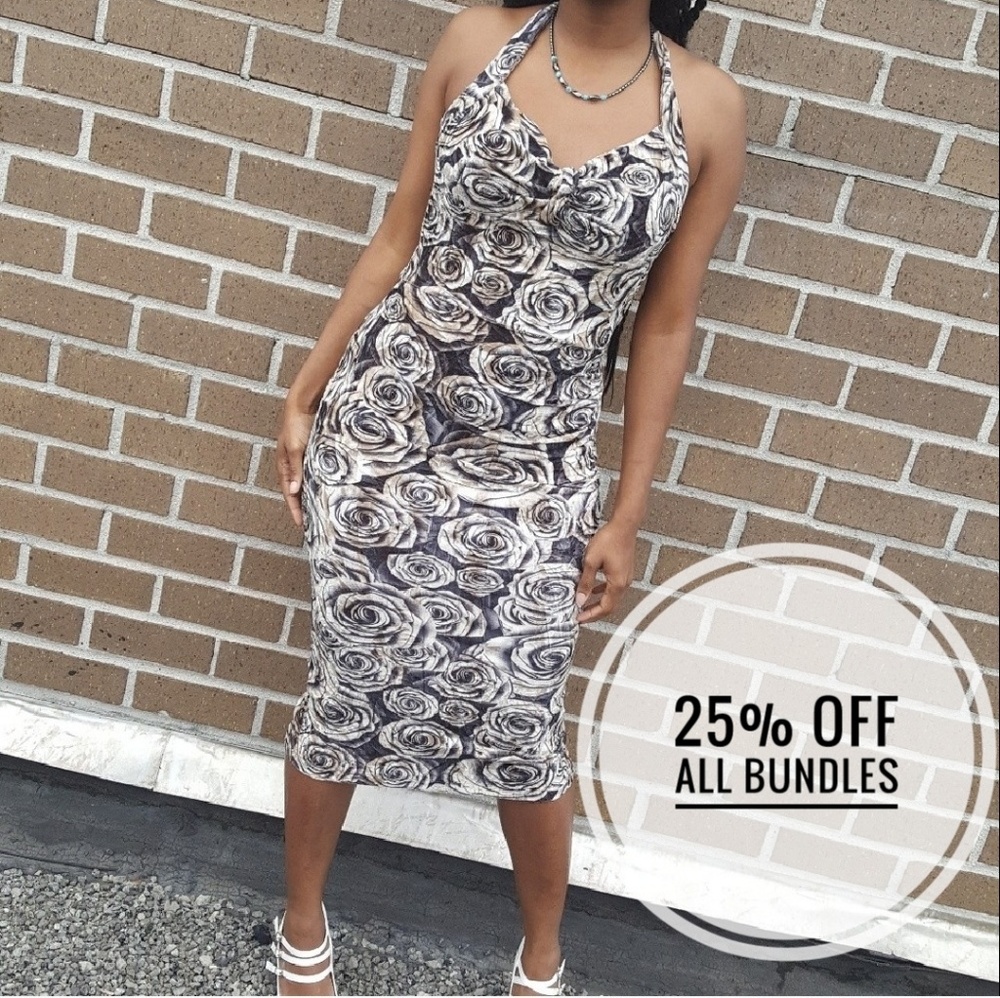 Rose printed velvet halter dress